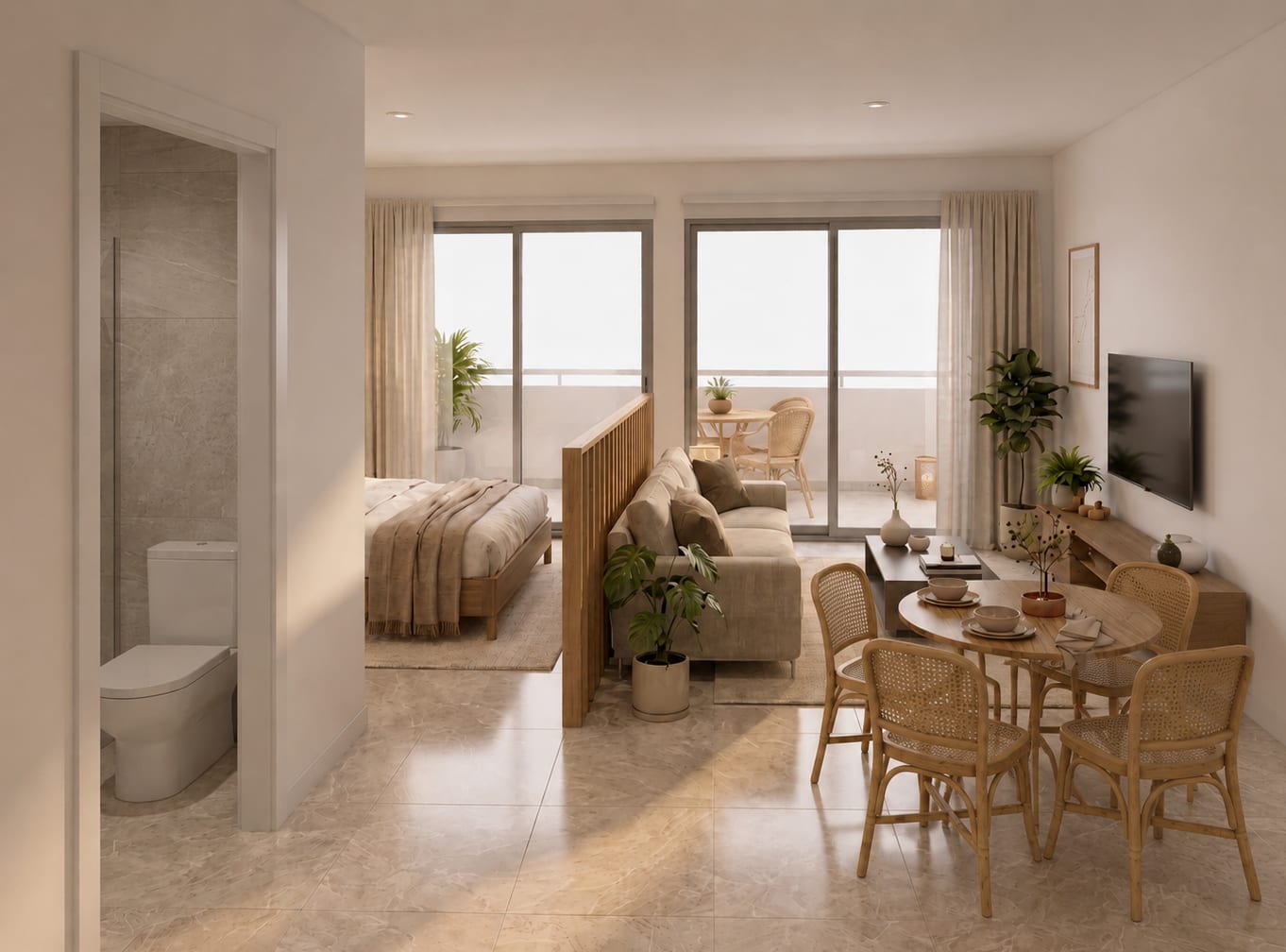 Interior del estudio: zona de estar con sofá y cama