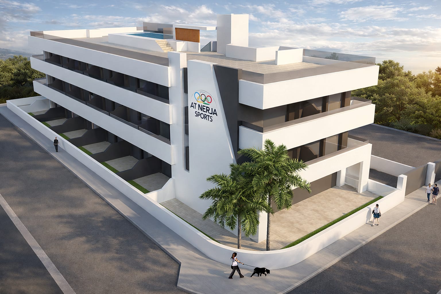 Render exterior del edificio AT Nerja Sports, tres plantas con piscina en la azotea