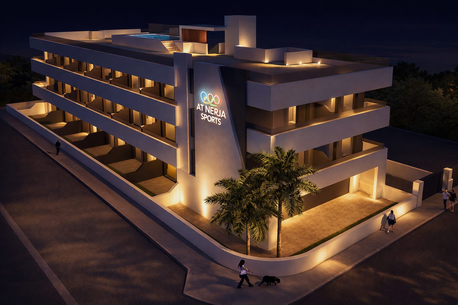Render nocturno del edificio AT Nerja Sports iluminado